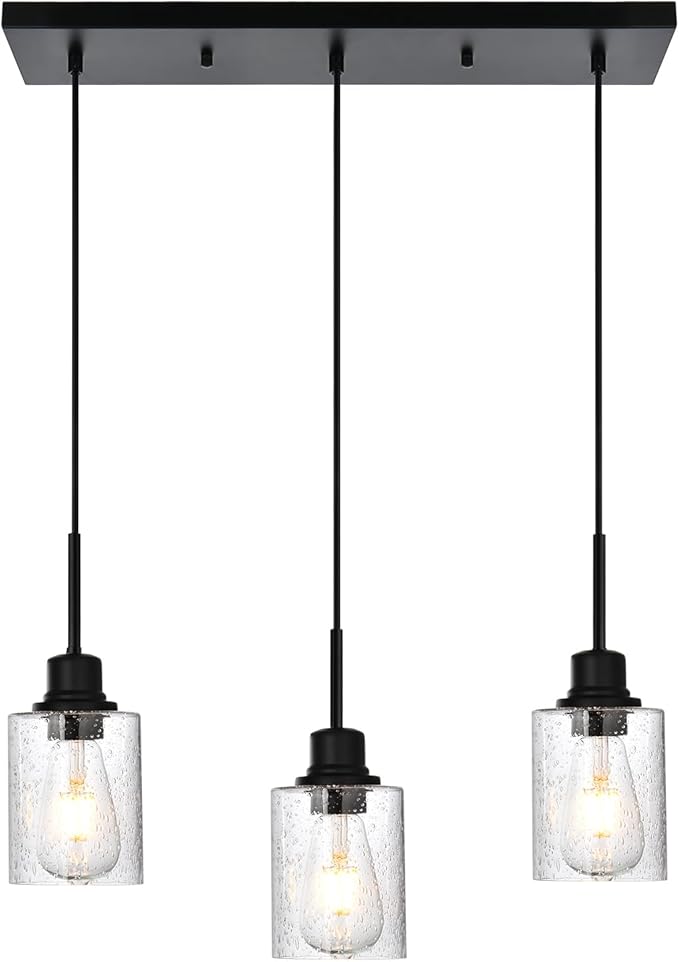 Modern 3-Light Pendant Island Light Fixture Black Ceiling Hanging Lights with Clear Seeded Glass and Adjustable Cord,Industrial Pendant Lighting for Kitchen Living Room Dining Room Foyer