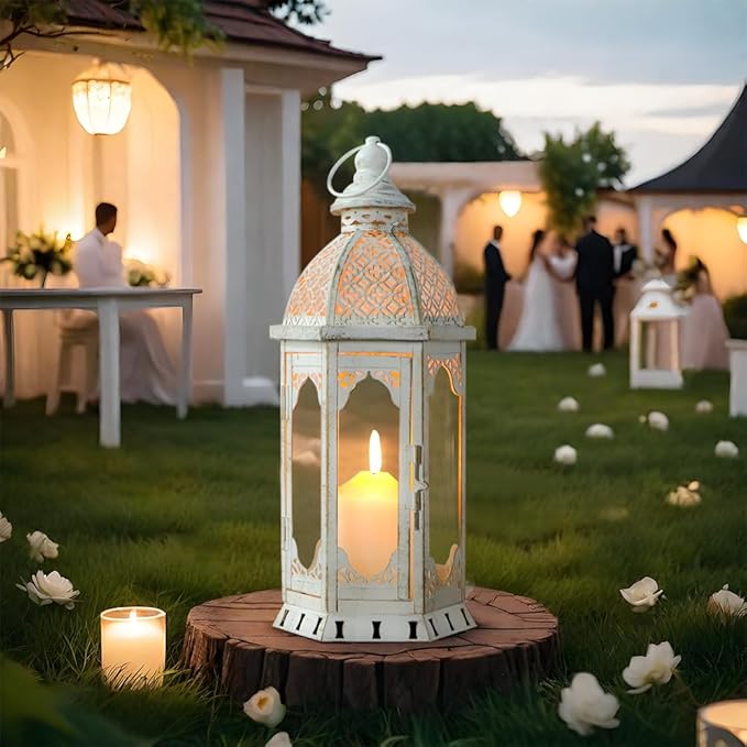 JHY DESIGN Decorative Candle Lantern 15''H Vintage Metal Candle Holder for Garden Living Room Indoor Outdoor Parties Weddings Patio(White with Gold Brush)