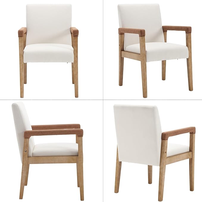 Kmax Modern Dining Chairs Set of 6 Linen Fabric Kitchen Arm Chairs Upholstered Accent Chairs with Wooden Legs for Dining Room, Living Room, Bedroom, White