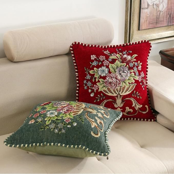 Set of 2 Spring Chenille Vintage Green Throw Pillows Covers 18x18in Sofa Couch Pillows for Living Room Floral Embroidered Cushion Cover for Bed Chairs Car