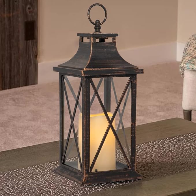 YAKii 14" Decorative Candle Lantern LED Flameless Candle Timer, Plastic LED Candle & Holder, Indoor & Outdoor Hanging Lights,Christmas Day Decoration (Antique Copper Brushed)