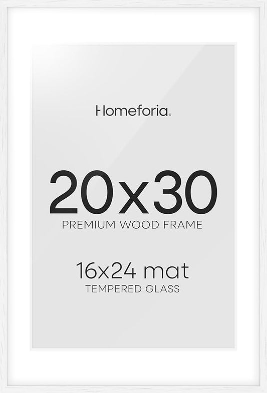 Homeforia White 20 x 30 Frame, High End Oak 20 x 30 White Wood Poster Frames with Mat 16 by 24 Photo, 20x30 Wooden Picture Frame Matted to 16x24, 30x20 Large Frames, Tempered Glass, Wall Kit, Set of 1