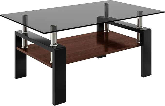 Glass Coffee Table Rectangle Living Room Center Table, with Gray Tempered Glass Tabletop and Brown MDF Layer,for Living Room and Office, Gray+Brown