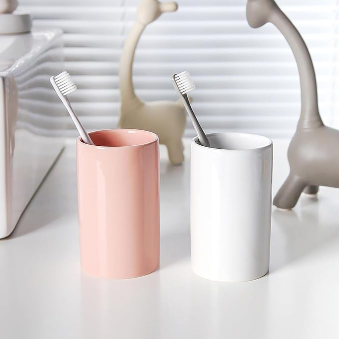 White Ceramic Toothbrush Holder, Tumbler Cups Reusable Toothbrush Mouthwash Cup,Makeup Brush Holder, Bathroom Counter Organizer(300ml)