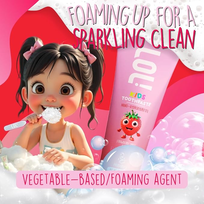 LOL Fluoride Free Toothpaste Kids, Nano Hydroxyapatite Toothpaste,Probiotics & Xylitol Tooth Paste Kids | Remineralizing | Natural | Plant-Based Foam | Pasta De Dientes para Niños. (Strawberry)