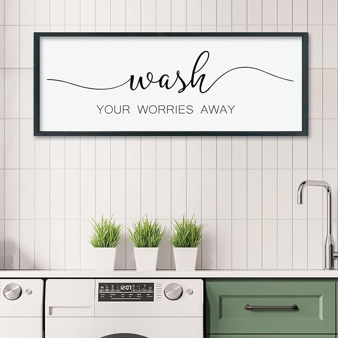 LuZhiQiang Wash Your Worries Away Sign Bathroom Wall Art Decor 40"×15" Large Wood Framed Laundry Room Funny And Artwork Wall Hanging (Black)