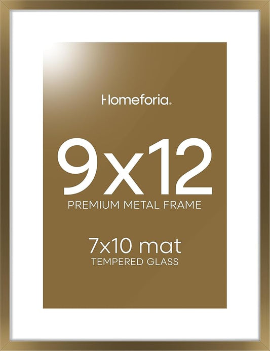 Homeforia 9x12 Frame Bronze, High End Metal 9 x 12 Brass Picture Frames with Mat 7 by 10 inch Photo, 9by12 Poster Frame Matted to 7x10, 12x9 Wall or Tabletop Frames, Tempered Glass, Wall Kit, Set of 1