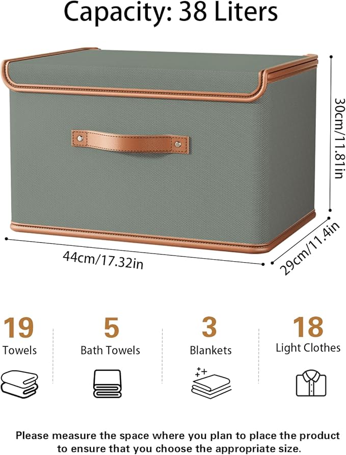 Tuza 2 Pack Storage Bins with Lids, Collapsible Closet Organizer Container, Fabric Organizer Box with Handles, Decorative Storage Boxes with Lids for Organizing Clothes, Blanket, Grey, Large