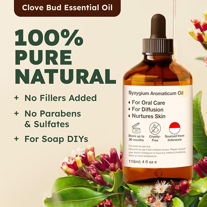 Kukka Clove Oil for Teeth and Gums - 4 Fl Oz - 100% Pure Natural Clove Essential Oil - Steam distilled from Flower Buds for Potency - Perfect Solution for Oral Care, Hair, Diffuser & Soap Making Scent