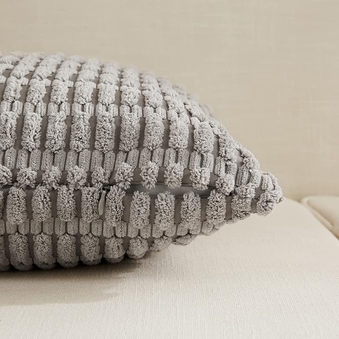 Fancy Homi 4 Packs Neutral Small Decorative Throw Pillow Covers 12x12 Inch for Living Room Couch Bed Sofa, Rustic Farmhouse Boho Home Decor, Soft Plush Striped Corduroy Square Cushion Case 30x30 cm