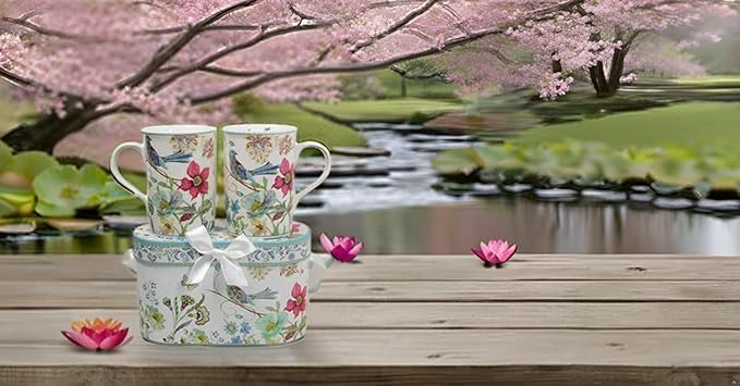 Lightahead Elegant Bone China Two Coffee Mugs set in Blue bird design 11.2 oz each cup in attractive gift box