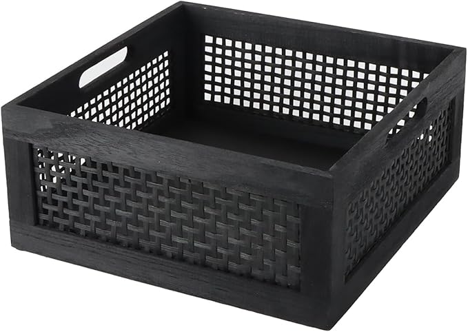 YRMT Wood Storage Crate Basket Rustic Wooden Storage Container for Organizing Decorative Bamboo Box with Handles for Pantry, Shelves Organizer 11.4" x 11.4" x 5" (Black)