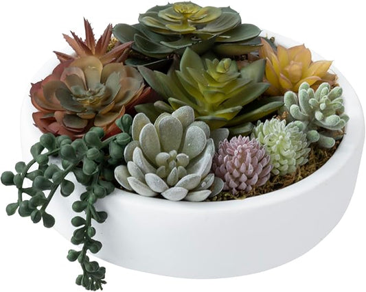 MyGift 8 Inch Round Modern Artificial Succulent Arrangement Potted in White Concrete Plant Bowl, Assorted Faux Mini Succulents in a Decorative Planter Pot