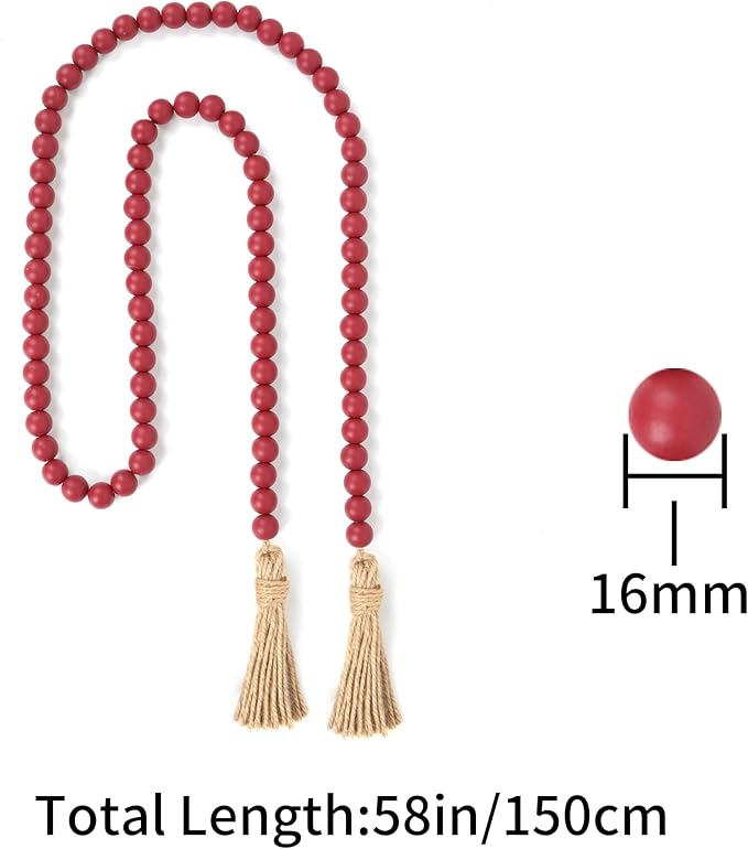 58in Wood Bead Garland with Tassels, Farmhouse Rustic Country Decor Prayer Boho Wall Hanging Decoration (Burgundy)