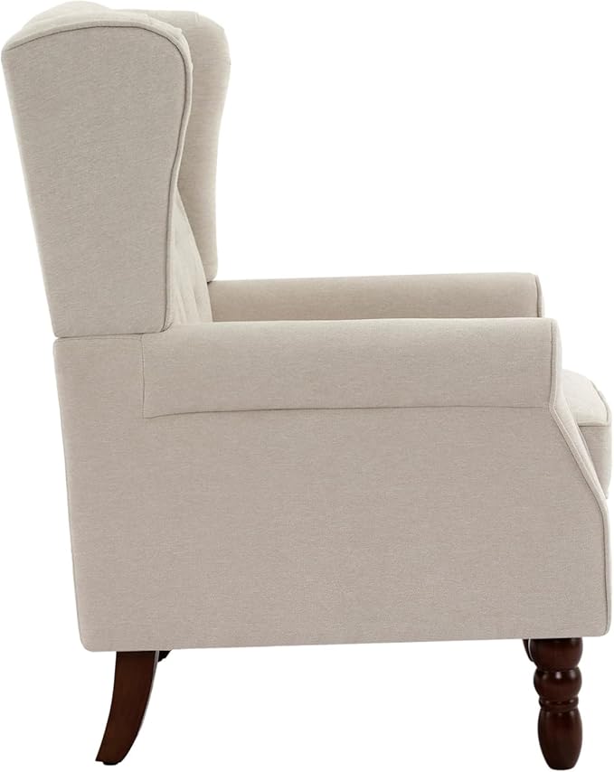 UIXE High Back Accent Chairs Set of 2, Upholstered Armchair in Fabric for Living Room, Retro Wingback Arm Chair Comfy Single Sofa Bedroom Reading Seat with Solid Wood Legs - Beige