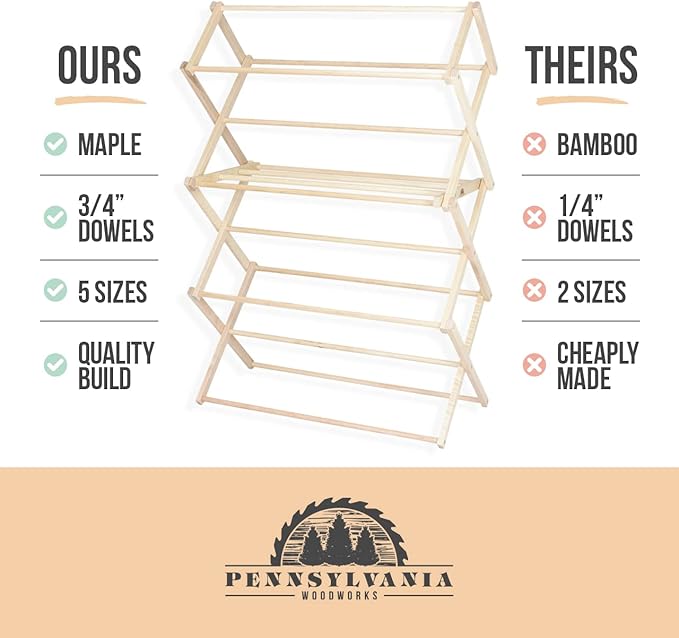 Pennsylvania Woodworks Clothes Drying Rack: Solid Maple Hard Wood Laundry Rack for Blankets, Towels, Bedding & More, Heavy Duty Folding Drying Rack, Made in USA, No Assembly Needed, XXLarge
