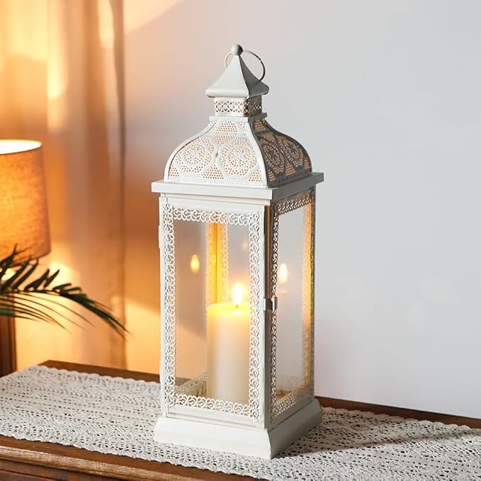 TRIROCKS Rustic Style Metal Candle Lantern 19'' High Decorative Hanging Lantern Candle Holder with Tempered Glass for Christmas Living Room Garden Yard Patio Parties Events Indoors Outdoors(Cream)
