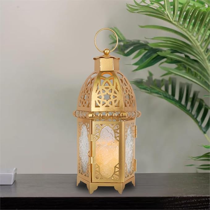 NEEDOMO 12.8'' Moroccan Lanterns Decorative Indoor & Outdoor, Vintage Christmas Candle Holder, Metal Lanterns Decorative, Table, Patio, Porch, Shelf, Christmas Spring Ramadan Eid Home Decor (Golden)