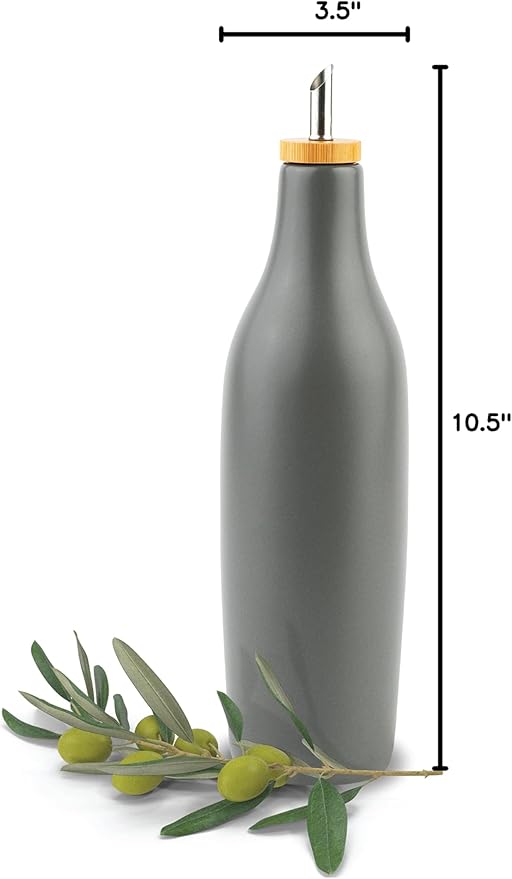 kitchentoolz Olive Oil Stoneware Dispenser Bottle, Ceramic 16 Oz Container for EVOO or Vinegar Kitchen Counter, Pewter Gray
