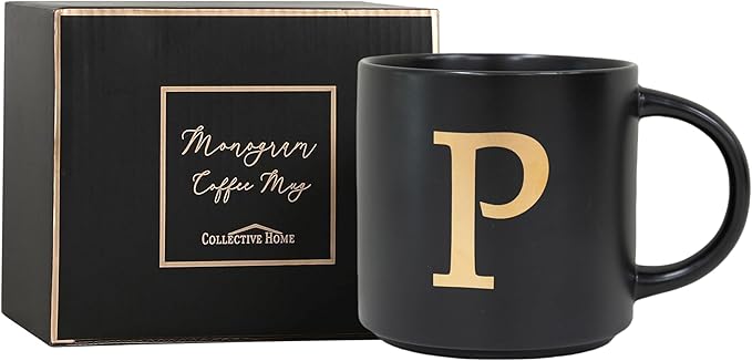 COLLECTIVE HOME - Monogram Ceramic Mugs, 15 oz Golden Initial Black Coffee Cups, Elegant Alphabet Tea Mugs, Elegant Personalized Mug with Gift Box, Unique Mug with Double Side Capital Lette (P)