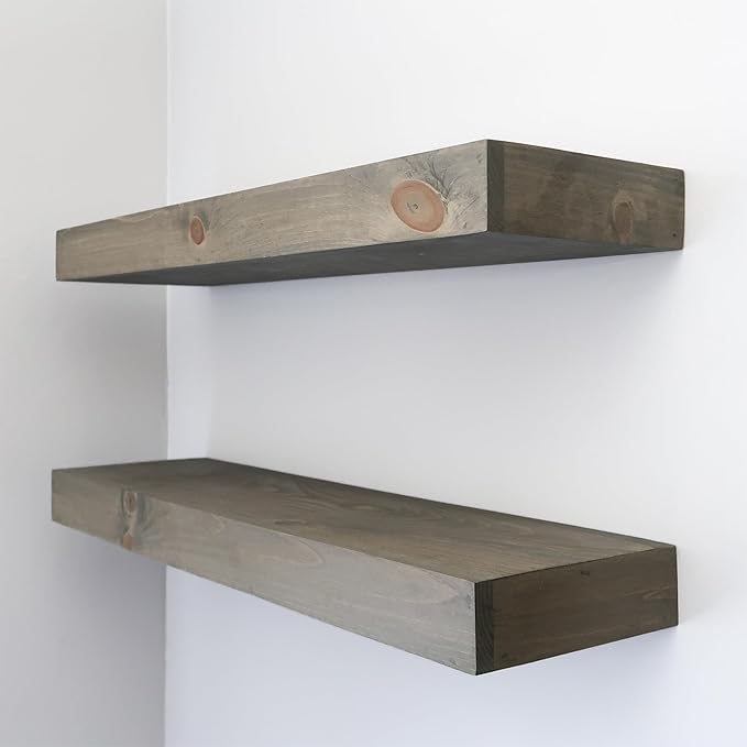 Modern Floating Shelves 3 Inches Thick for Wall, Wide Shelves for Kitchen, Living Room, Bedroom, and Bathroom, Natural Pine Wood, Rustic Wooden Shelf, (Set of 2) (Aged Barrel, 48Lx3Hx6D)