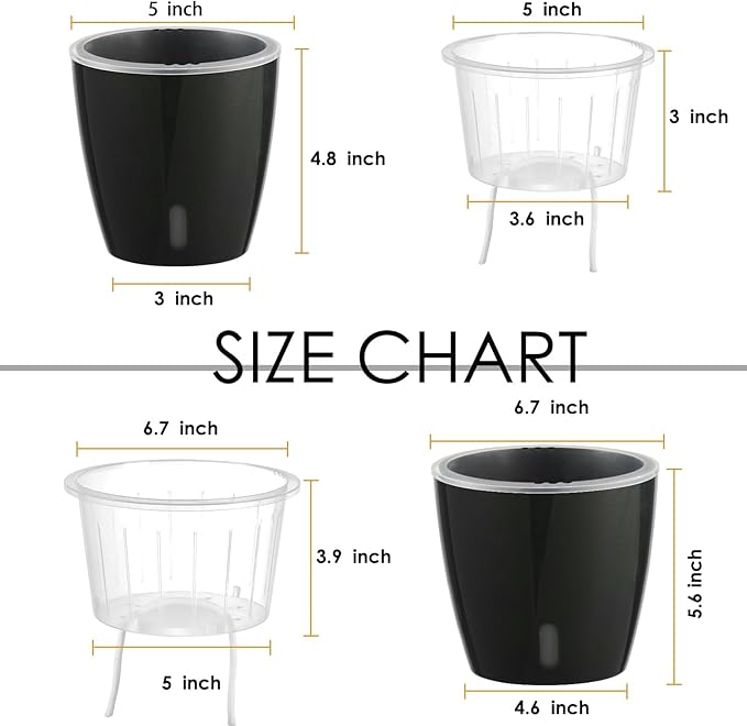 Self-Watering Pots for Indoor Plants, 6-Pack 6.7'' Self Watering Planter with Drainage Holes, Small African Violet Pots with Water Indicator, Clear Wick Pot, Black