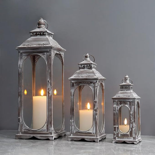 TRIROCKS Set of 3 Vintage Candle Lanterns 10/14/19.5''H Decorative Outdoor Lantern Metal Candle Holder with Tempered Glass for Home Living Room Garden Yard Parties Event Indoors Outdoors (Cement Grey)