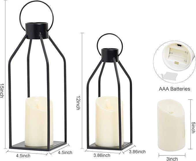HPC Decor Modern Farmhouse Lanterrn Decor- Black Metal Candle for Summer Night- Lanterns w/Timer Flickering Candles for Living Room,Home,Indoor, Outdoor,Table,Fireplace Mantle Décor