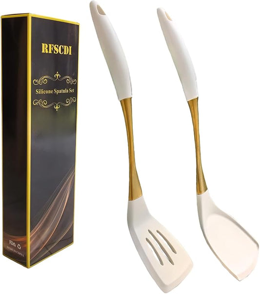 Heat-Resistant Silicone Kitchen Spatula Set – Non-Toxic Cooking Utensils with Solid & Slotted Designs –Food Grade Silicone and Stainless Steel Handles –Ideal for Nonstick Cookware, Gold