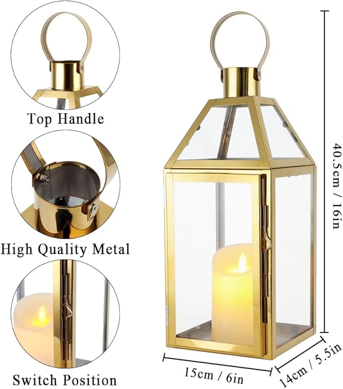 JHY Design Gold Decorative Lanterns 16" H Stainless Steel Candle Lanterns with Tempered Glass for Indoor Outdoor Events Parities and Weddings