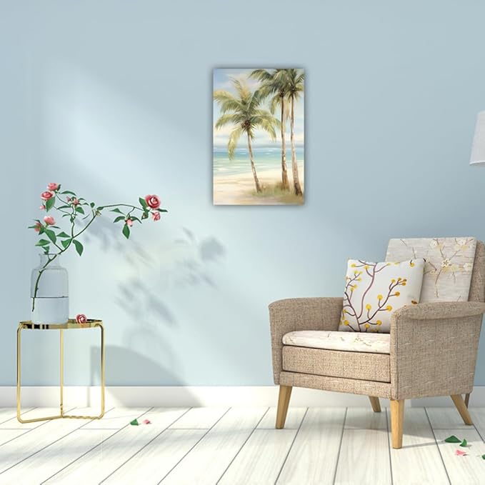 LURENCZH Tropical Beach Canvas Wall Art Seaside Palm Tree Picture Wall Decor Ocean Scenery Painting Prints for Bathroom Decor Framed(Beach-3,12.00" x 18.00")