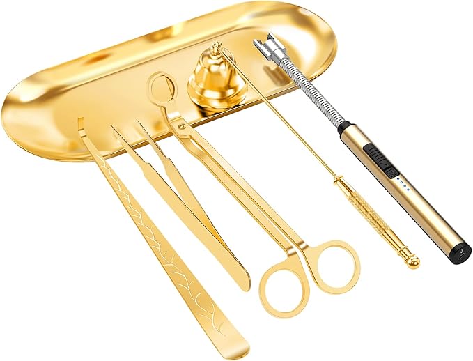 6 in 1 Candle Accessory Set,Candle Wick Trimmer Cutter,Candle Wick Dipper,Candle Wick Snuffer, Rechargeable Candle Lighter,Storage Tray Plate,Tweezers,Stainless Steel Candle Care Kit Home Gift(Gold)