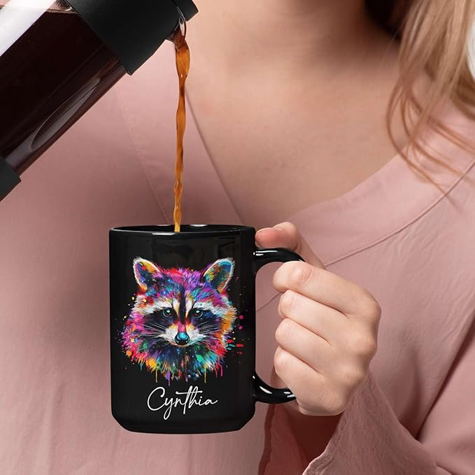 Colorful Raccoon Black Mug, Custom Choose Name Raccoon Coffee Cup, Gift For Men Women, Personalized Animal Lover Ceramic Mug, Customized Animal Design Cup 11oz 15oz