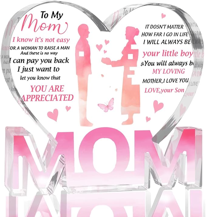 Mothers Day Gifts Best Mom Gifts -Gifts for Mom from Daughter Son - Best Mom Ever Gifts Unique Mother Birthday Acrylic Heart-Shaped Plaque Desk Decorations Present for Mom Christmas Anniversary