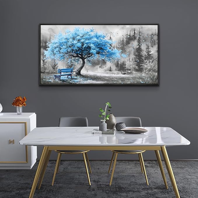 ZUITINGHUA Large Black Framed Wall Decor For Living Room Canvas Wall Art For Office Modern Wall Decorations For Bedroom Blue Tree Landscape Paintings Black And White Pictures Home Decor 24x48 In