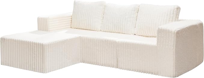Hobestluk Modular Sectional Sofa Memory Foam Couch Oversized Sectional Sofa 3-Seater with Chaise Cloud Couch with Removable Cover L Shape Sofa for Living Room (Strip White, 3-Seater with Chaise)