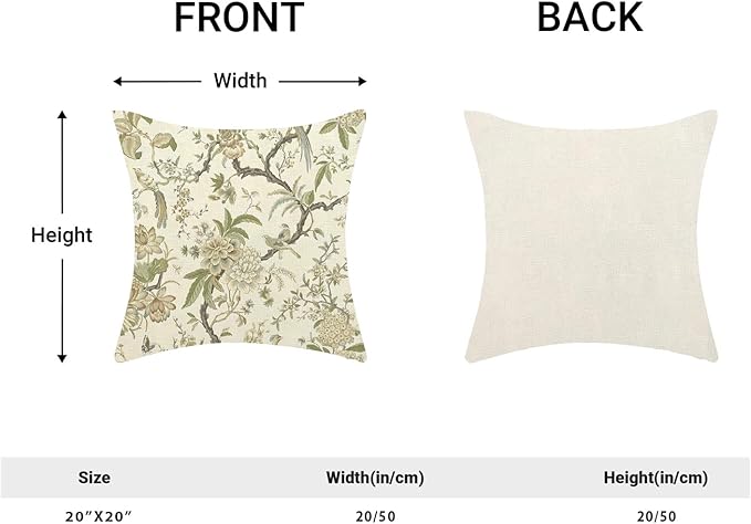 CXMEIFLY Spring Floral Birds Pillow Covers 20 x 20 Inch Set of 2 for Chinoiserie Flowers Decor Throw Pillows Sage Green Plant Outdoor Decorative Cushion Cases for Couch Bed Decorations