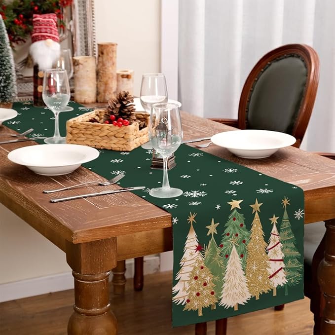 GEEORY Christmas Table Runner 13x72 Inch, Xmas Trees Snowflakes Holiday Decorative Farmhouse Table Decoration for Kitchen Dinning, Indoor Outdoor Dinner Party Decor (Green) GT152-72