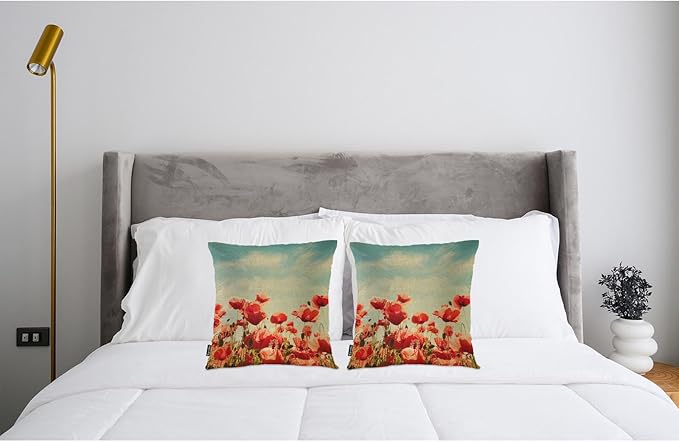 Swono Poppy Bed Pillow Covers, Vintage Blossom Red Roses Poppies Flied Decorative Throw Pillow Cover Cushion Case for Sofa Bed Living Room Farmhouse Decorations, 18"X18" 2 Pieces Pillowcases