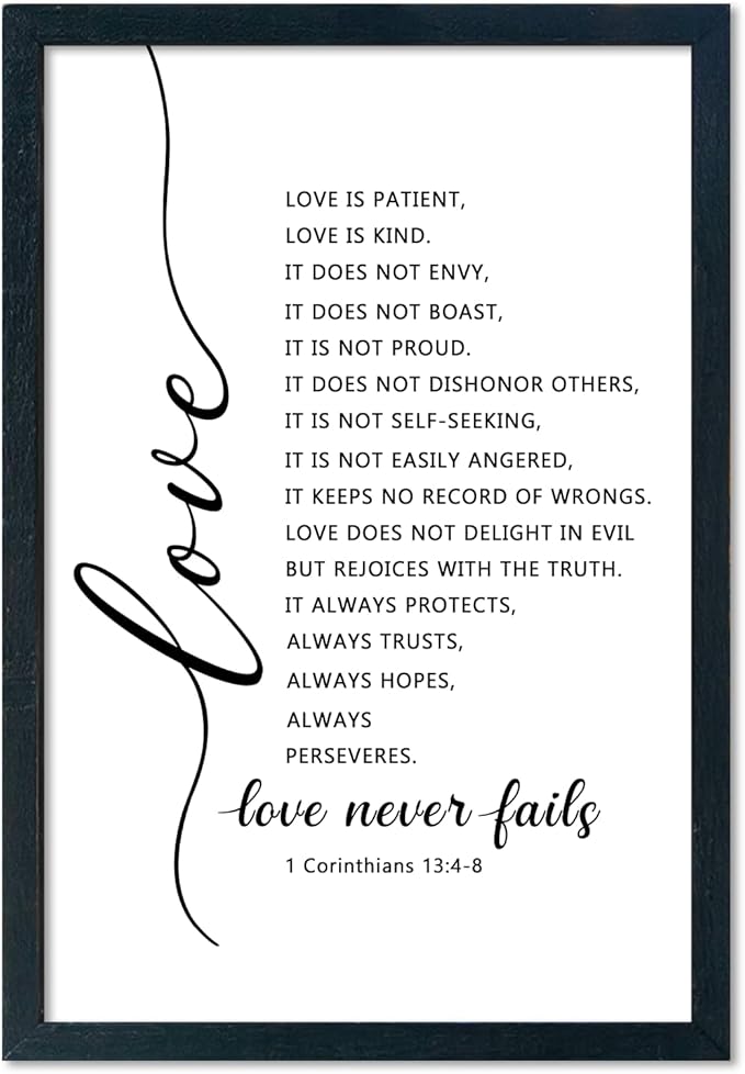 LuZhiQiang Love Is Patient Kind Wall Art 16"×11" Love Never Fails Sign 1 Corinthians 13 Bible Verse Wood Framed Wall Hanging Decor (Black)