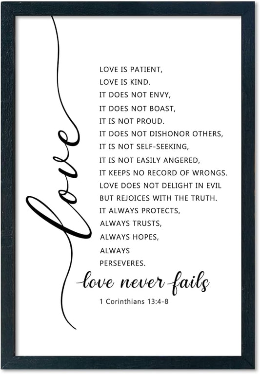 LuZhiQiang Love Is Patient Kind Wall Art 16"×11" Love Never Fails Sign 1 Corinthians 13 Bible Verse Wood Framed Wall Hanging Decor (Black)