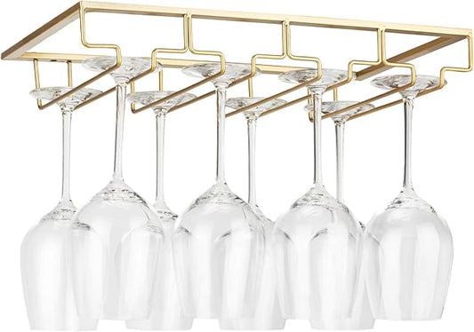 Wine Glass Rack Under Cabinet - Stemware Holder Metal Wine Glass Organizer Glasses Storage Hanger for Bar Kitchen Gold 4 Rows
