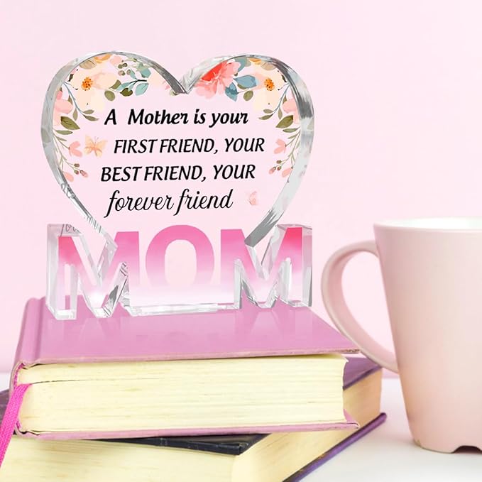 Mothers Day Gifts Best Mom Gifts -Gifts for Mom from Daughter Son - Best Mom Ever Gifts Unique Mother Birthday Acrylic Heart-Shaped Plaque Desk Decorations Present for Mom Christmas Anniversary