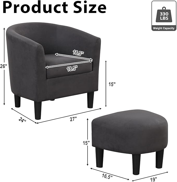 INZOY Modern Accent Chair with Ottoman for Small Space, Club Chair with Ottoman Set, Comfy Fabric Barrel Reading Chairs for Living Room Bedroom, Round Reading Chair with Foot Rest, Dark Grey