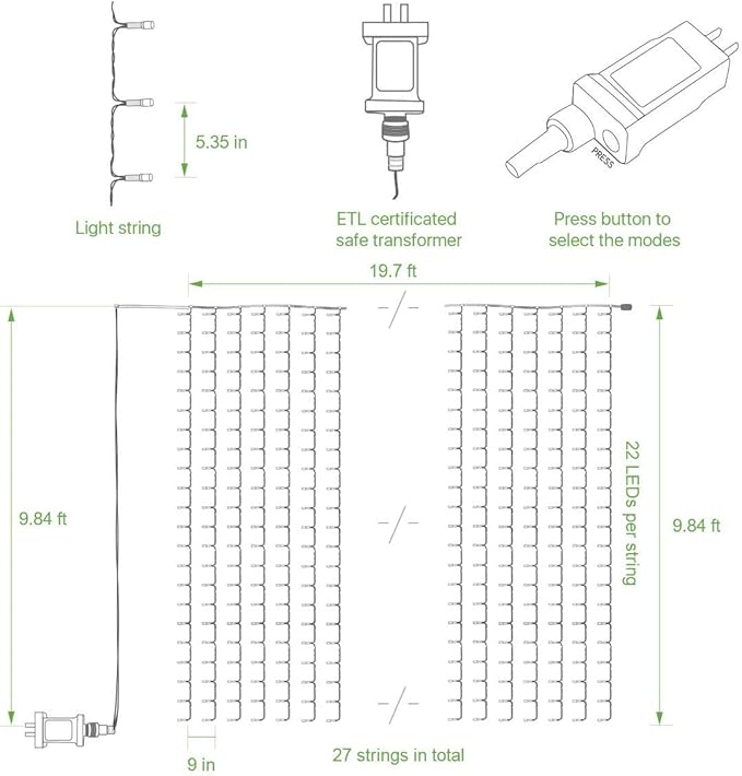 Lighting EVER 594 LED Curtain Lights Cool White, Hanging Fairy String Lights for Bedroom Wall, Indoor Outdoor Backdrop Lights for Wedding, Party, Patio Gazebo (20x10ft, 27 Strings, 9" Apart)