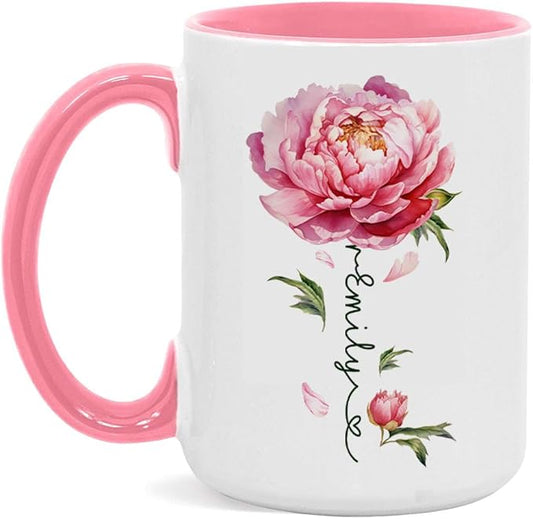 Flower Design Mug With Custom Name, Unique Peony Flower Ceramic Cup, Customized Flower Lover Coffee Mug, Personalized Peony Themed Decorative Cup, Novelty Peony Accent Mug 11oz 15oz