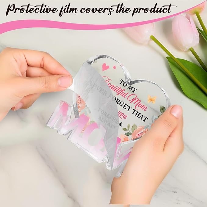 Mothers Day Gifts Best Mom Gifts -Gifts for Mom from Daughter Son - Best Mom Ever Gifts Unique Mother Birthday Acrylic Heart-Shaped Plaque Desk Decorations Present for Mom Christmas Anniversary