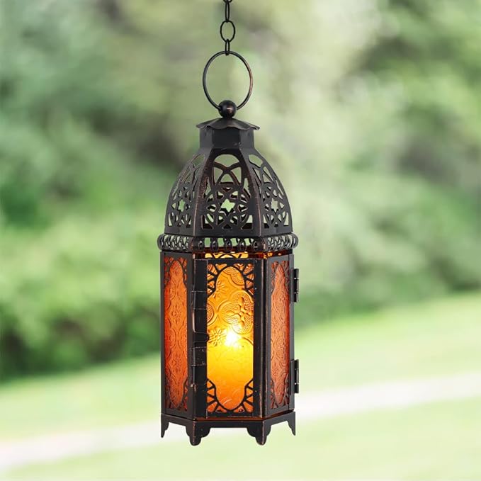 NEEDOMO 11'' Moroccan Lanterns Decorative Indoor & Outdoor, Vintage Christmas Candle Holder, Metal Lanterns Decorative, Table, Patio, Porch, Shelf, Christmas Spring Halloween Home Decor (Amber)