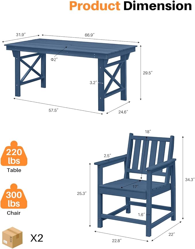 HDPE Patio Dining Set, 5-Piece Outdoor Table and Chairs with Umbrella Hole, Modern Outdoor Dining Set for 4, HDPE Outdoor Patio Furniture Dining Sets for Deck, Poolside, Porch, Navy