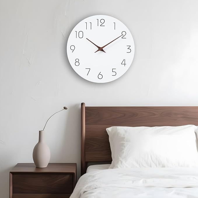 Mosewa Wall Clock 14 Inch White Silent Non Ticking Battery Operated Simple Minimalist Wooden Clock Decorative for Kitchen Bathroom Home Bedroom Living Room Office